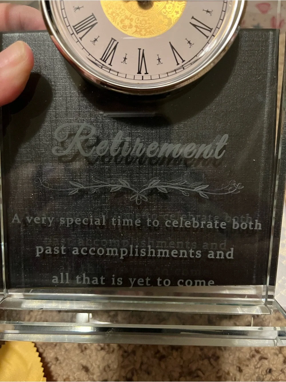 Clear Crystal Desk Clock with Gold Dial and Polished Cloth - Retirement quote